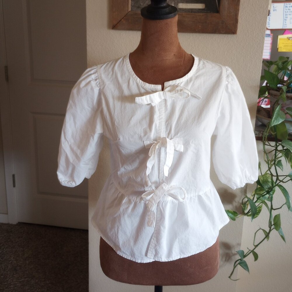White Cotton Tie Front Poplin Peplum Blouse Cottagecore Coquette Balletcore